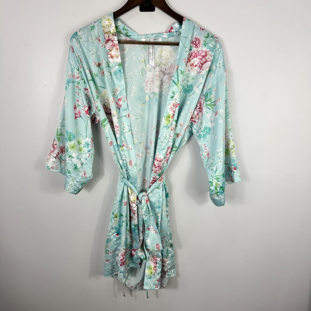 Flora Nikrooz Robe Women XS/S Satin Floral Lounge Wrap Romantic‎ Coquette Fairy